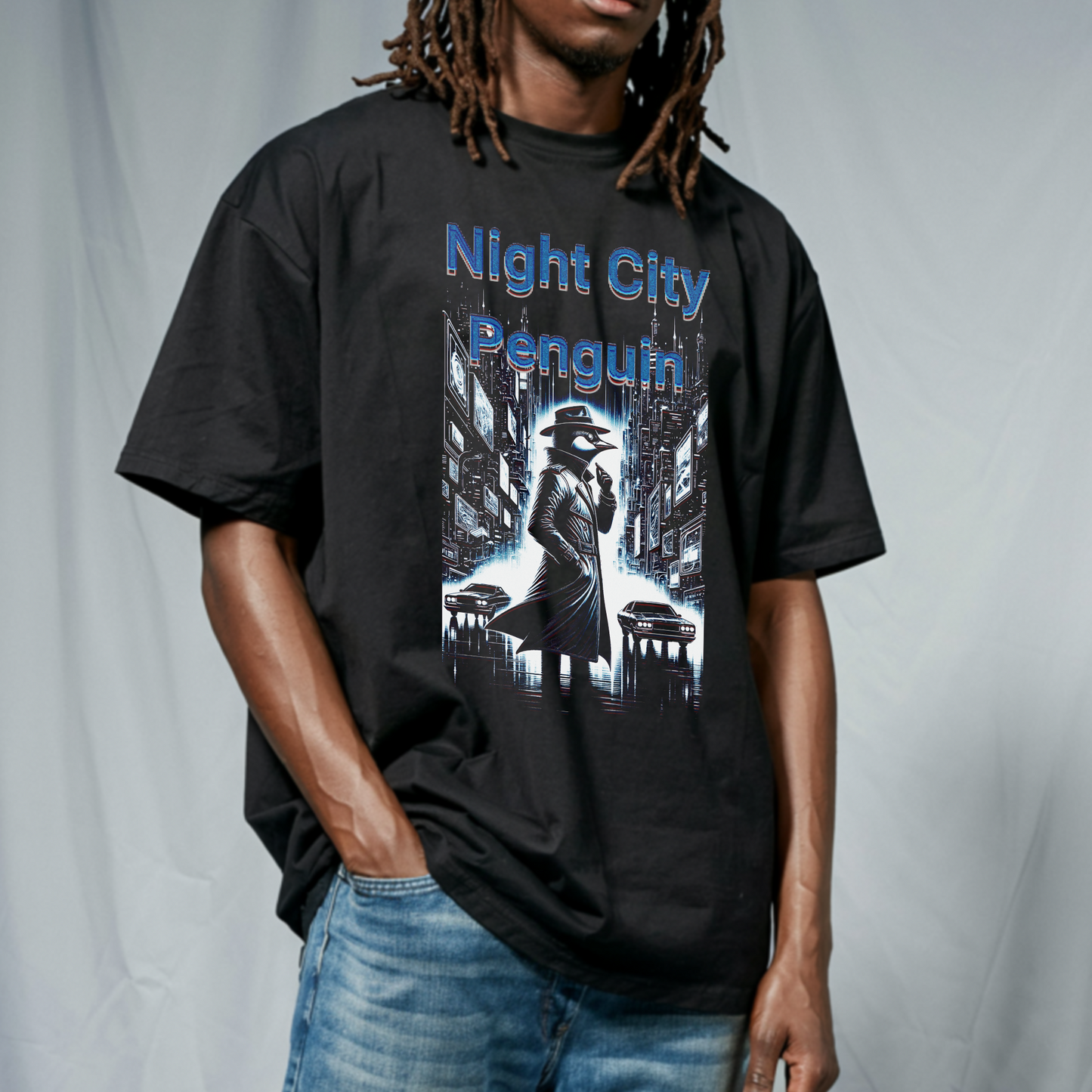 Night City Penguin – Noir Cyberstyle Detective – Unisex T-shirt