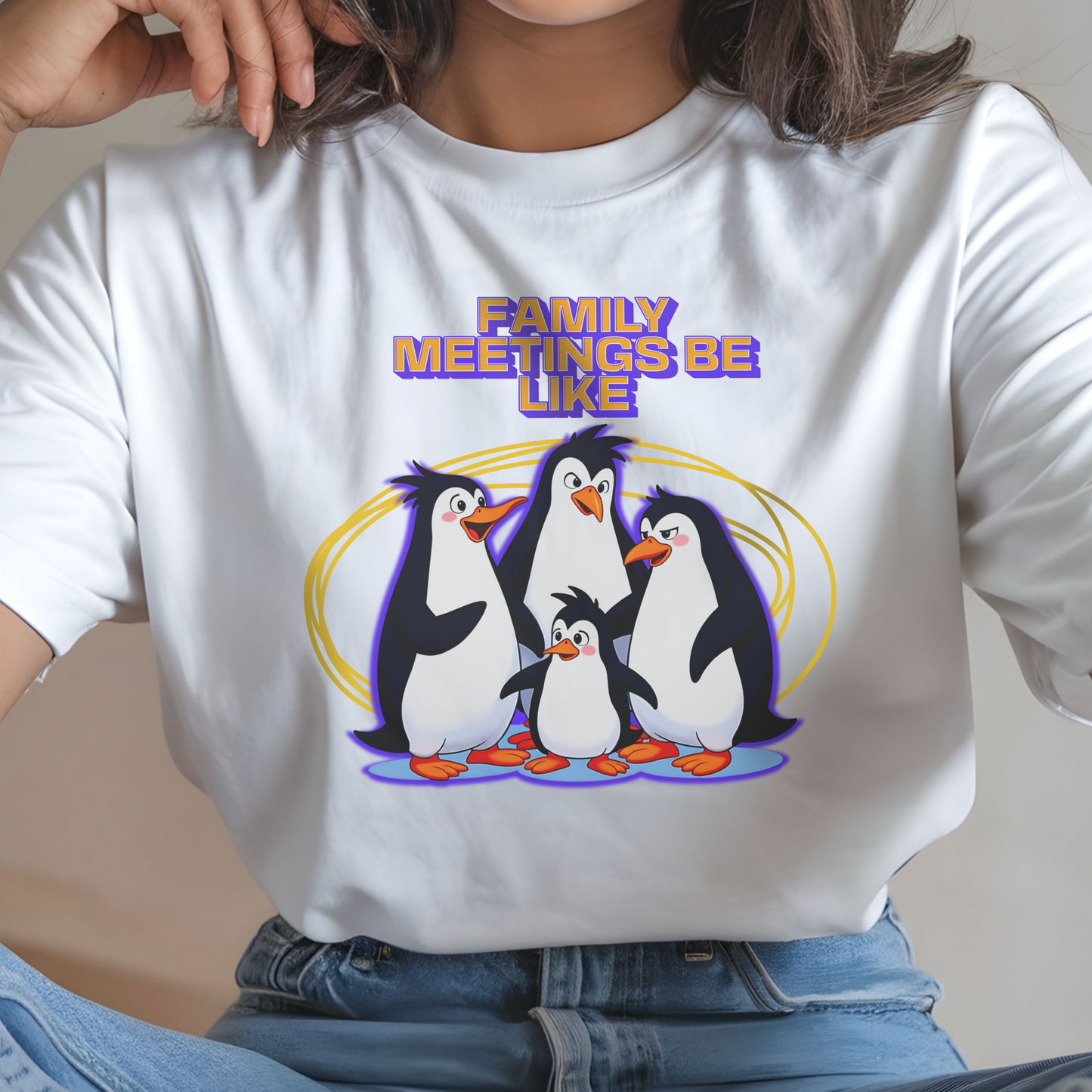 Family Meetings Be Like – Penguin Chaos – Unisex T-shirt