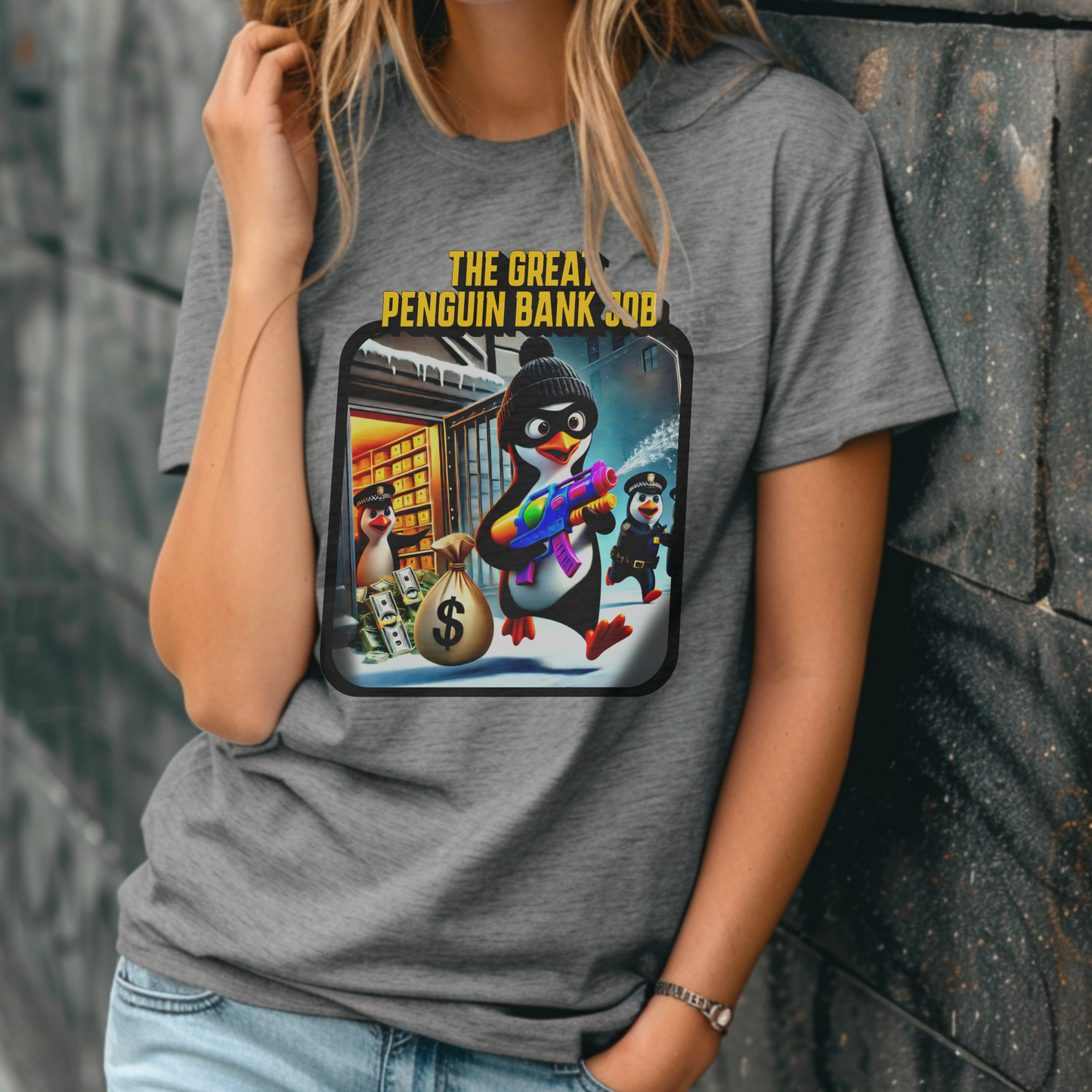 The Great Penguin Bank Job – Cartoon Crime Cuteness – Unisex T-shirt