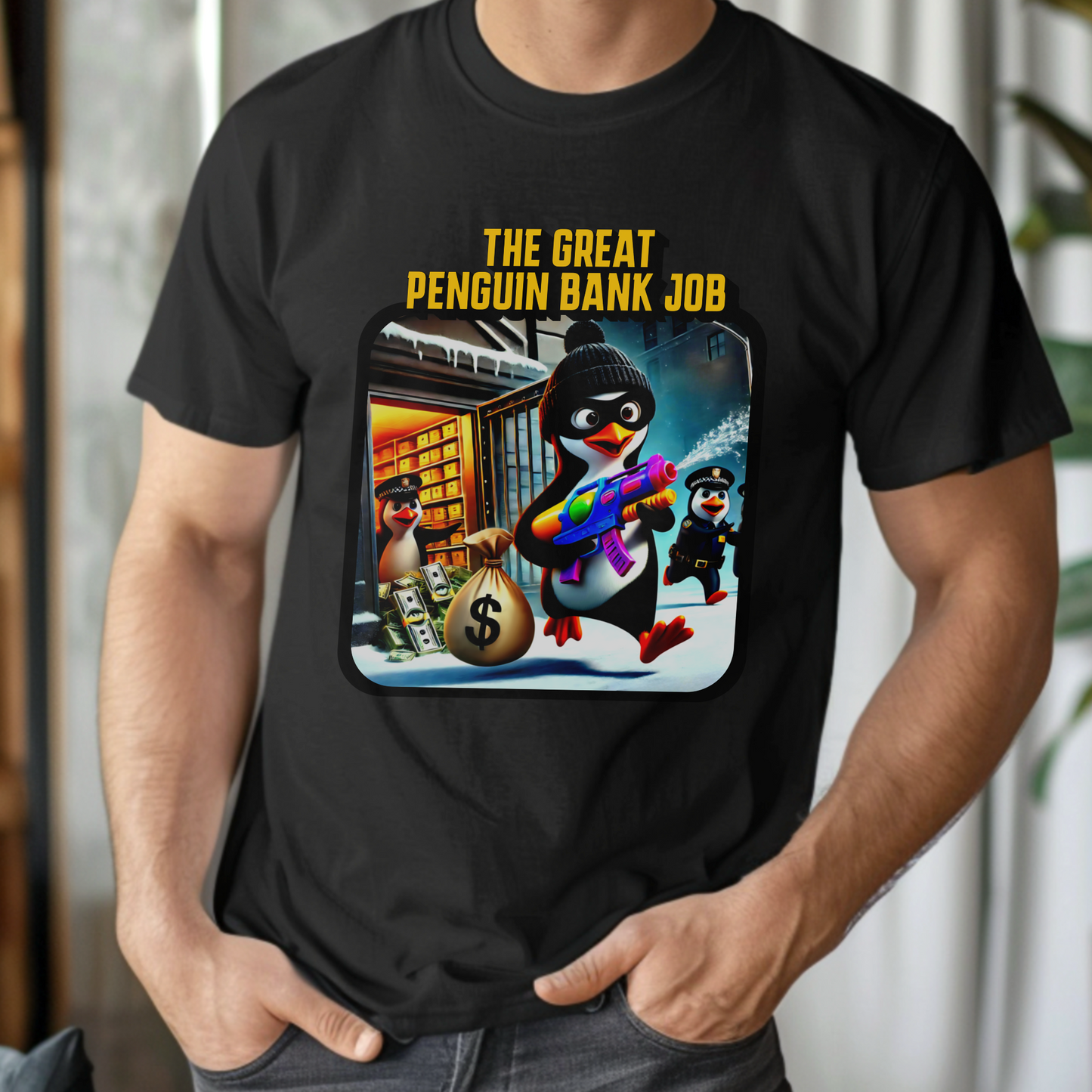 The Great Penguin Bank Job – Cartoon Crime Cuteness – Unisex T-shirt