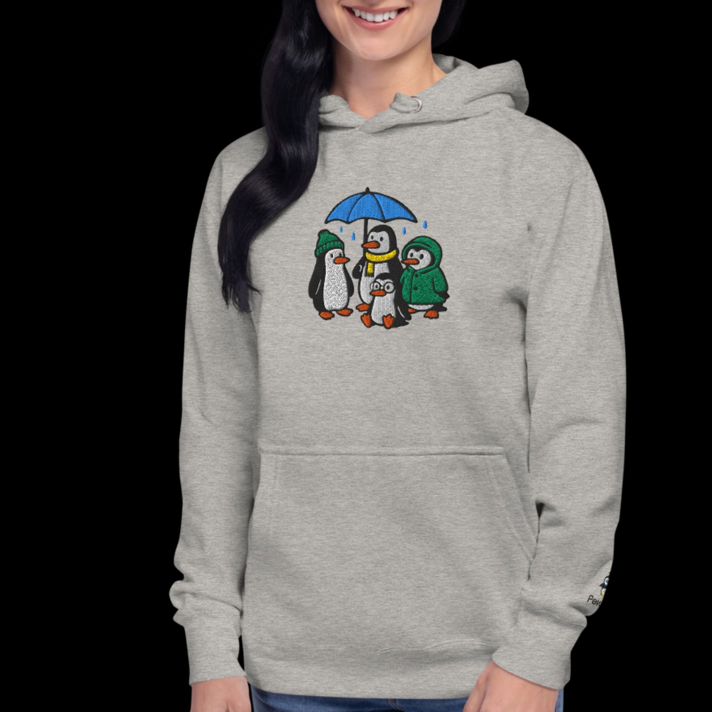 Pinguin-Familie im Regen – Bestickter Unisex-Hoodie