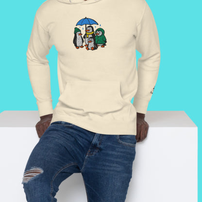 Pinguin-Familie im Regen – Bestickter Unisex-Hoodie