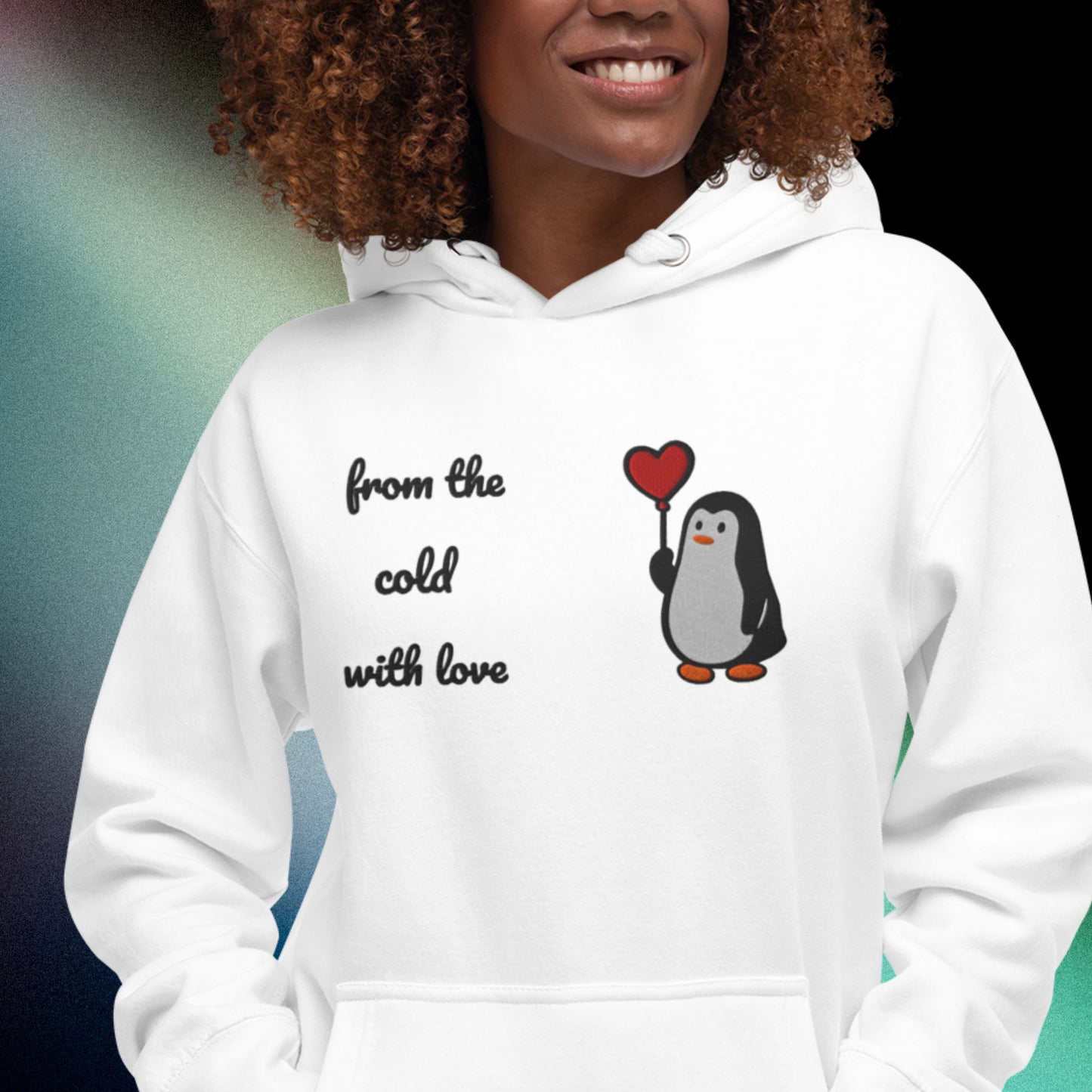 Pinguin mit Herzballon – Bestickter Unisex-Hoodie