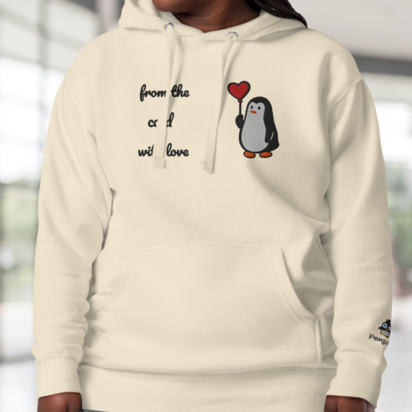 Pinguin mit Herzballon – Bestickter Unisex-Hoodie