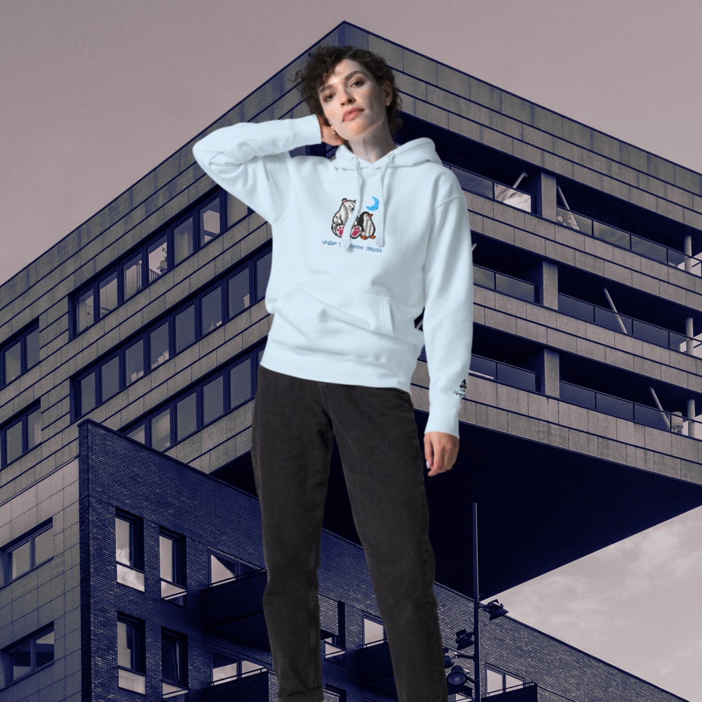 Eisbär & Pinguin im Mondlicht – Bestickter Unisex-Hoodie